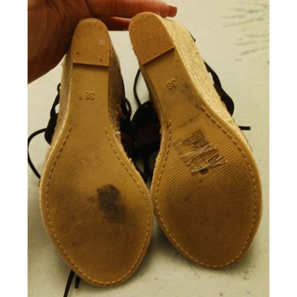 H&M Black Suede‎ Lace Up Wedge Sandals, Size 7.5/38